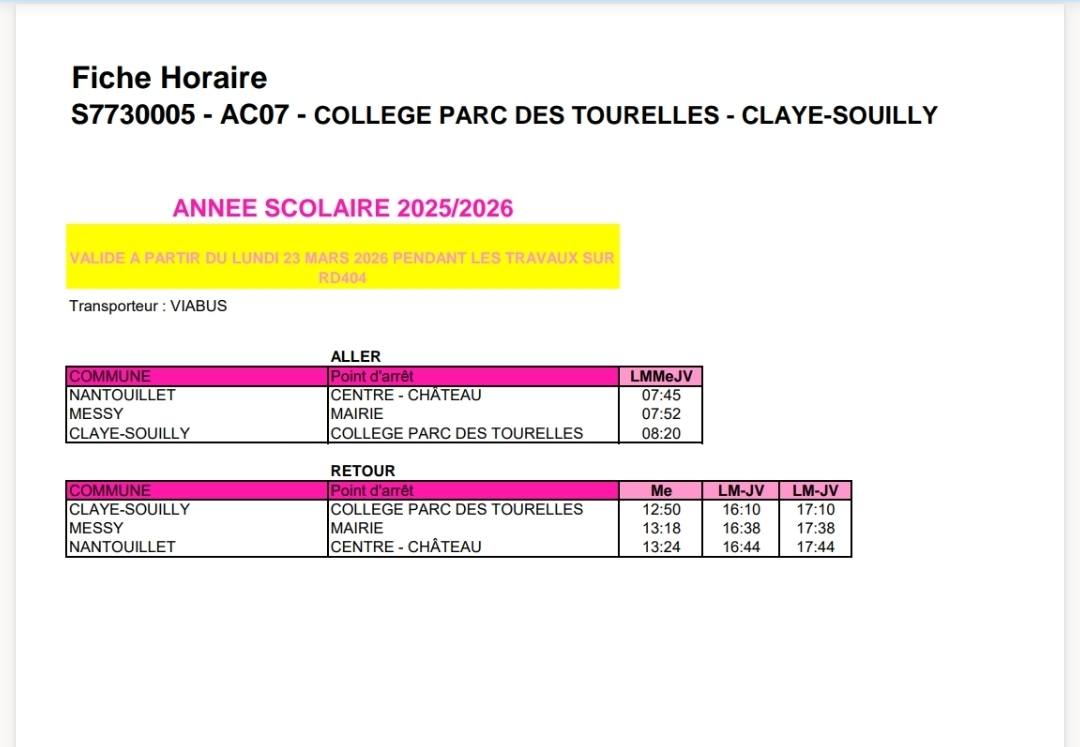 HORAIRES DES BUS DE TRANSPORTS SCOLAIRES SPECIAUX 