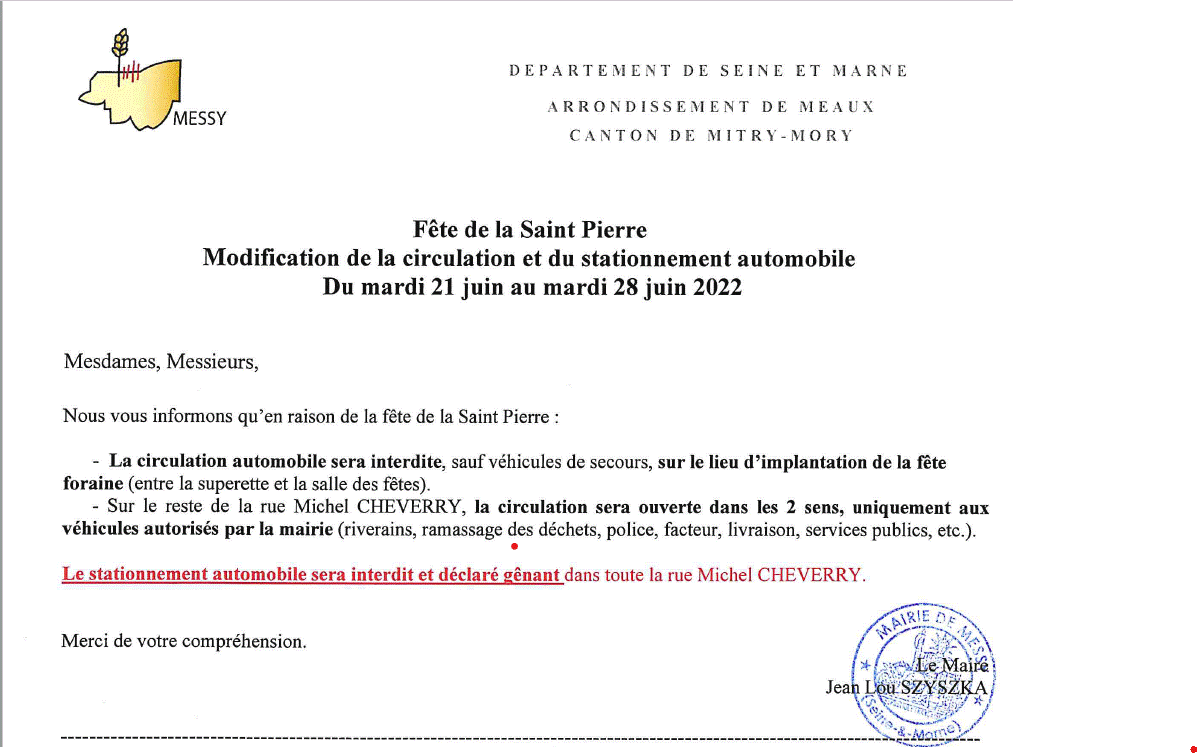 Fête de la Saint Pierre : Modification de la circulation et du stationnement automobile rue Michel Cheverry du 21 au 28 juin 2022