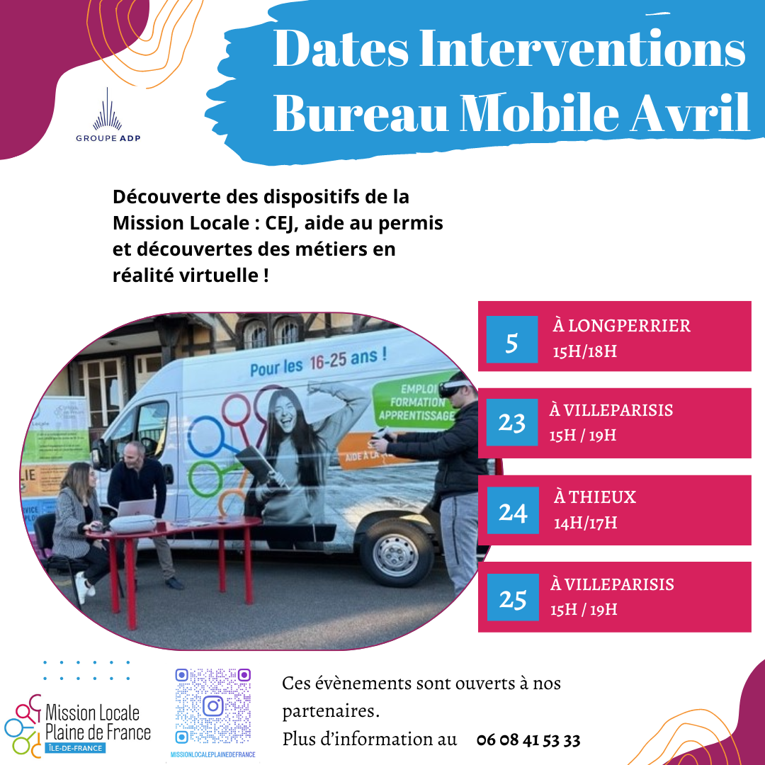 Agenda du mois d'Avril des passages du bureau mobile de la Mission Locale de la Plaine de France et de ses partenaires