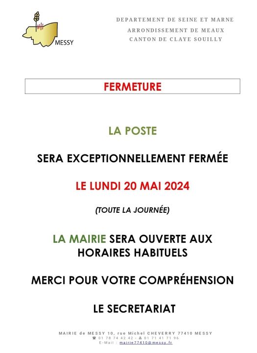 FERMETURE DE LA POSTE LE LUNDI 20 MAI