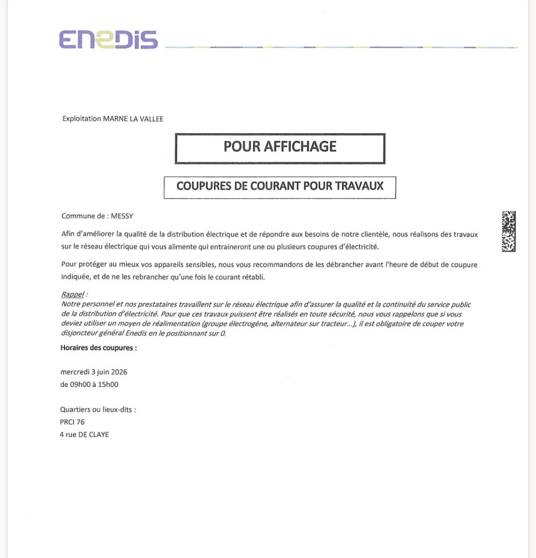 INFORMATION ENEDIS – COUPURE DE COURANT POUR TRAVAUX